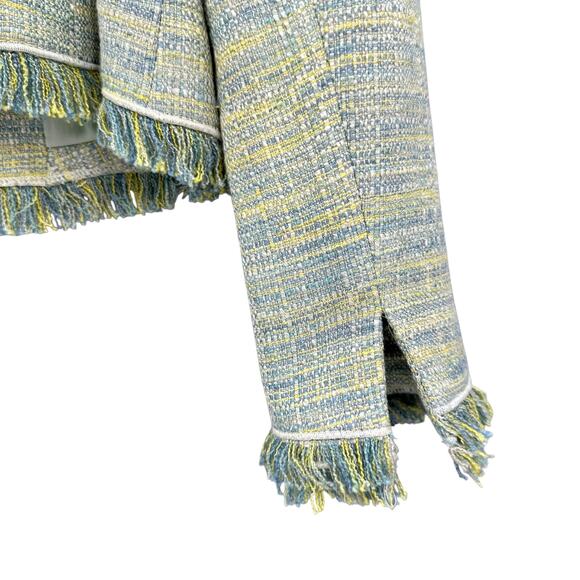 Worth New York NWT Green Yellow Boucle Tweed Fringe Trim Designer Blazer Jacket - Picture 7 of 16
